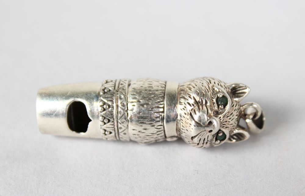 A SILVER NOVELTY CAT WHISTLE.