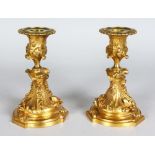 A GOOD SMALL PAIR OF CASED ORMOLU CANDLESTICKS, POSSIBLY by MEISSONIER. 6.5ins high.