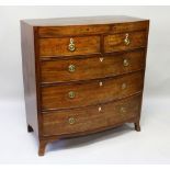 A GOOD GEORGIAN MAHOGANY BOWFRONT CHEST of TWO SHORT AND THREE LONG GRADUATED DRAWERS with