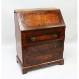 A GEORGIAN STYLE MAHOGANY AND WALNUT BUREAU, with fall front and fitted interior with three long