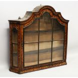 A 19TH CENTURY DUTCH MARQUETRY SHAPED HANGING CUPBOARD with glazed glass panel doors and sides.