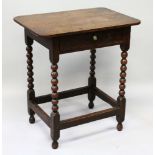 AN 18TH CENTURY OAK SIDE TABLE with plain top, side frieze drawer, on bobbin turned legs with