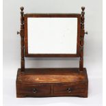 A SMALL 19TH CENTURY MAHOGANY TOILET MIRROR, the bow front base with two small drawers. 1ft 2ins