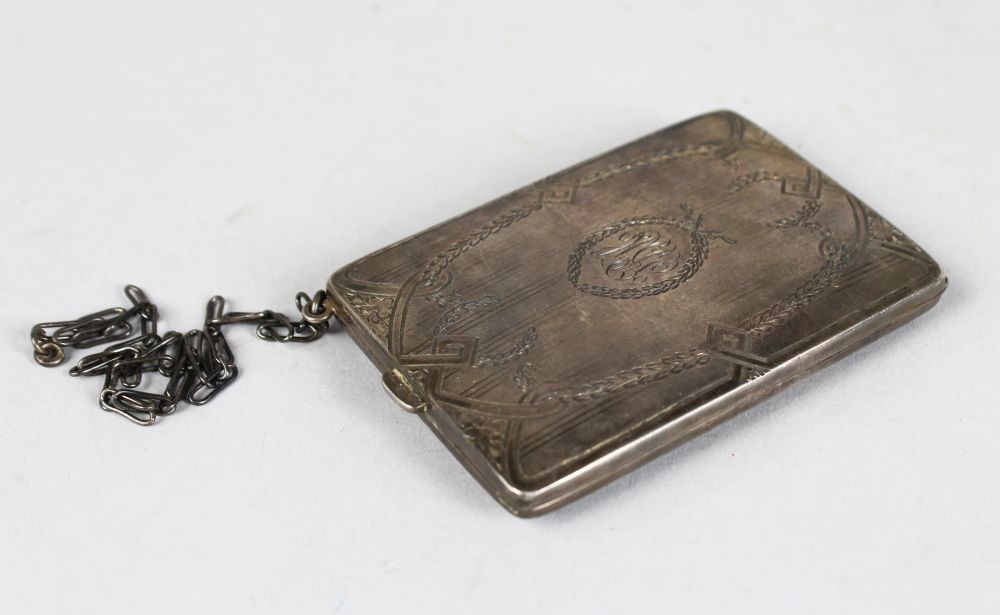 AN ENGRAVED STERLING SILVER CARD CASE AND COIN HOLDER on a chain. - Image 2 of 4
