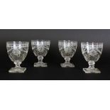 A GOOD SET OF FOUR ENGRAVED GOBLETS on square bases.