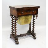 A WILLIAM IV ROSEWOOD SEWING TABLE with folding inlaid games top, single drawer with well below,