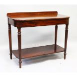 A 19TH CENTURY MAHOGANY TWO TIER SIDE TABLE, with fluted front legs. 3ft long.