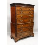 A GOOD GEORGE III MAHOGANY TALLBOY, with dentil cornice and blind fret carving, the top with two