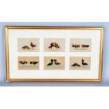A SET OF SIX SMALL FEATHER COCK FLIGHTING PICTURES. 2.75ins x 4ins, in a glazed gilt frame.