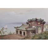 20th Century Chinese School. A River Landscape, with a Temple, Watercolour, Indistinctly Signed, 13"