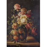 19th Century Dutch School. Still Life of Flowers in a Brown Vase, Oil on Panel, 17" x 12.5".