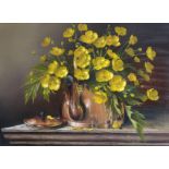 Mary Dipnall (1936- ) British. "Pot of Gold", with Buttercups in a Brass Kettle, Oil on Canvas,