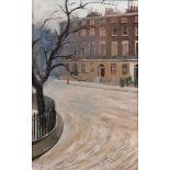 20th Century English School. A London Street Scene, with a Figure Walking, and a Post Box in the