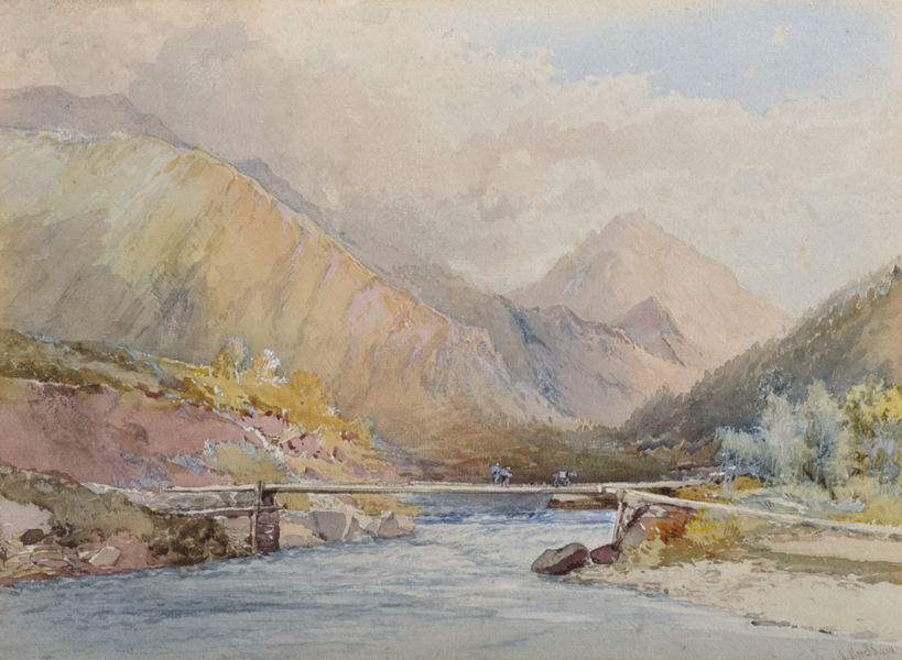 Joseph Needham (c.1810-c.1880) British. "Looking up the Liddan Valley, Cashmere [sic]", Watercolour,