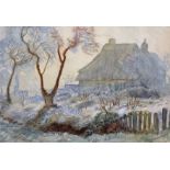 George Clausen (1852-1944) British. A Landscape, with a Thatched Cottage, Watercolour, Signed, 6.75"