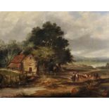 Attributed to Richard H... Hilder (1813-1852) British. A River Landscape with a Cottage, and Figures