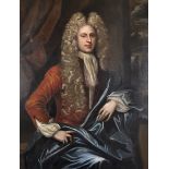 18th Century English School. Three Quarter Length Portait of a Wigged Man, Dressed in Red and