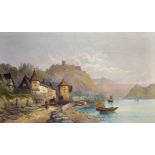 Joseph Horlor (1809-1887) British. "St Goar on the Rhine", with Figures and a Cart in the