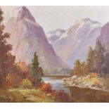 W... Simpson (19th - 20th Century) New Zealand. "Looking down Arthur River, from Milford Sound", Oil