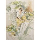 Gordon King (1939- ) British. "Lynn", Study of a Young Girl, Sitting on a Terrace Wall, Watercolour,