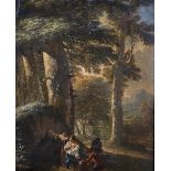 18th Century Dutch School. Figures in a Forrest Setting, Oil on Panel, 13.5" x 11".