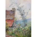 Grace H... Hastie (1839-1927) British. 'Cottage Garden', Watercolour, Signed, 13.75" x 9.75".