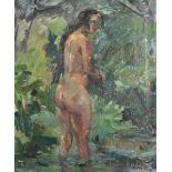 W... Wagner (20th Century) German. Study of a Nude in a Wooded Pool, Oil on Canvas, Signed and Dated