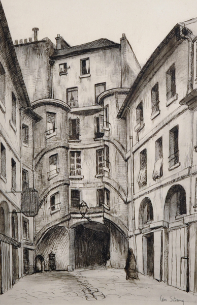 Ian Strang (1886-1952) British. "The Cour du Dragon, Paris", Pen and Wash, Signed, and Inscribed