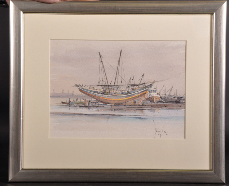 David Howell (20th - 21st Century) British. "Jeddah, Boat Building", Watercolour, Signed, 6.75" x - Image 2 of 5