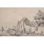 Peter Le Cave (1769-1811) British. A Canal Scene, with Numerous Figures, Grey Wash, 7" x 10.5".