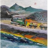 Fred Yates (1922-2008) British. A River Landscape, with Figures on a Train, and Figures Bathing, Oil