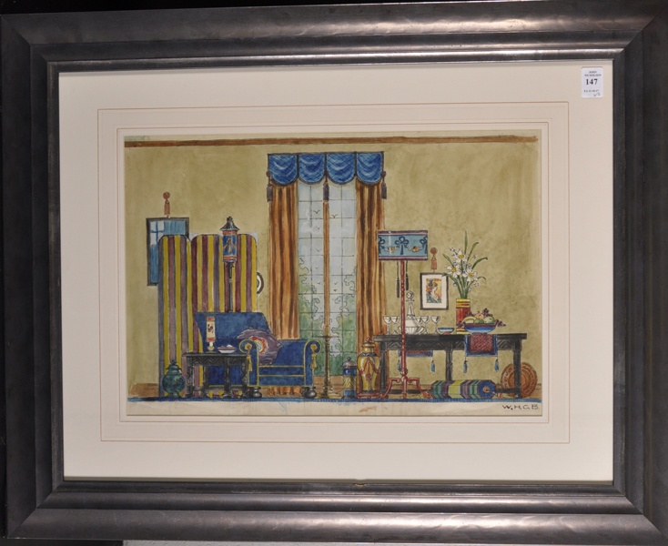 W... H... C... B... (20th Century) British. The Interior of a Drawing Room, Watercolour, Signed with - Image 3 of 6