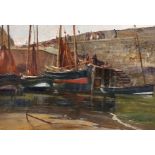 James Barclay Grahame (1844-1882) British. "Busy Harbour, Low Tide", with Numerous Figures, Oil on