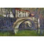 19th - 20th Century) French School. A River Landscape, with a Bridge, a House beyond, Oil on