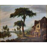 18th Century English School. A River Landscape, with Figures Fishing, and Figures by a Cottage,