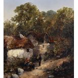 19th Century English School. A Landscape, with Figures by a Cottage, Oil on Canvas laid down,