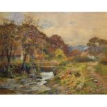 Walter Follen Bishop (1856-1936) British. 'Autumn', a River Landscape, with Cottages beyond,