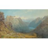 Arthur Croft (1828-1893) British. A Mountainous River Landscape, with Highland Crofts below,