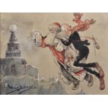 Van Dock (20th Century) British. A Christmas Scene, with Father Christmas and a Man Flying over