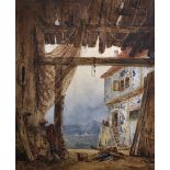 Adrien Lucy ( -1875) French. A Coastal Scene, from Inside a Fisherman's Barn, Watercolour, Signed