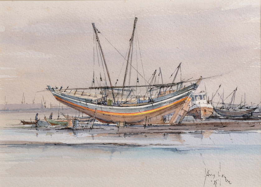 David Howell (20th - 21st Century) British. "Jeddah, Boat Building", Watercolour, Signed, 6.75" x