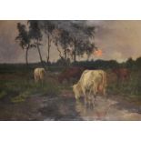 Emile Van Damme-Sylva (1853-1935) Belgian. A River Landscape, with Cattle Watering at Dusk, Oil on