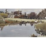 John Yardley (1933- ) British. A River Landscape, with Figures on the far bank, Watercolour, Signed,