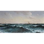 David James (1853-1904) British. A Seascape, with Breaking Waves, with Shipping and Clifftops in the