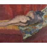 20th Century English School. A Naked Lady on a Bed, Oil on Canvas, 18" x 22".