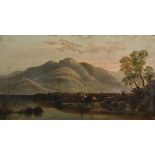 19th Century English School. A Mountainous River Landscape, with Figures in a Boat, Oil on Canvas,