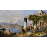 Gonsalvo Carelli (1818-1900) Italian. "Posillipo", with Figures on a Terrace in the foreground,