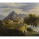 19th Century European School. A River Landscape with Figures, with a Walled Church in the