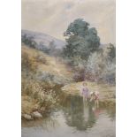 Frederick James Knowles (1874-1931) British. A River Landscape, with Two Young Girls Paddling,