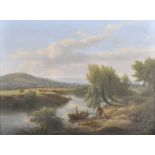 19th Century English School. A River Landscape, with Figures by a Boat in the foreground, Oil on